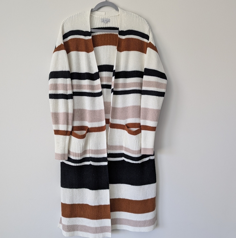 Allison Joy Evereve Phoebe Stripe Cardigan Open Front Full Length Duster - Picture 2 of 10
